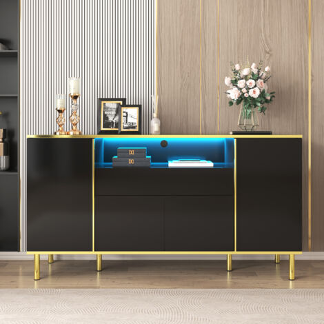 Buffet design 150x40x80 cm avec 1 tiroir et finition laquée noir brillant - noir