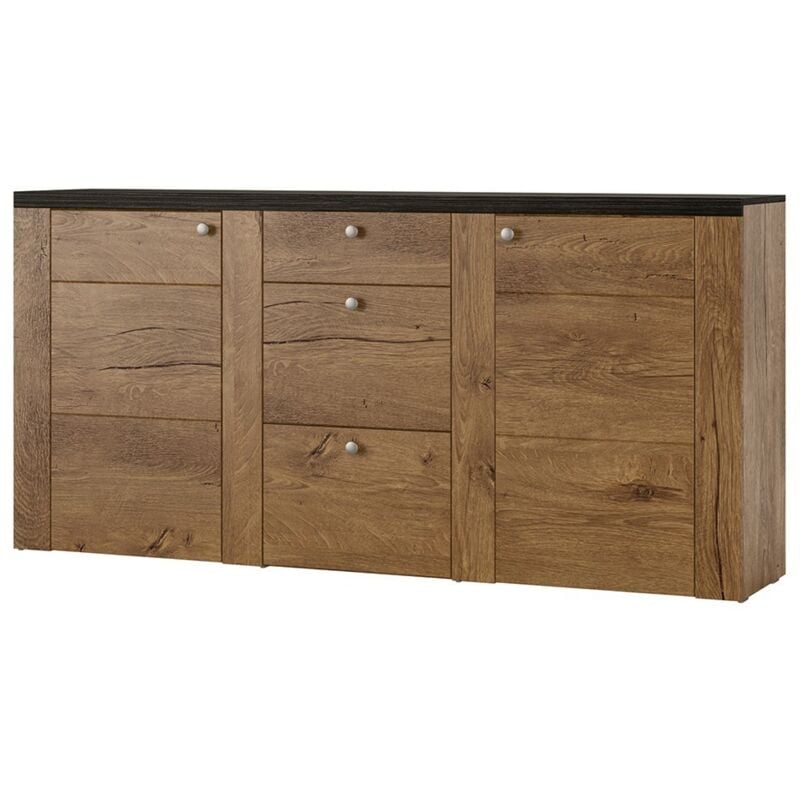 Meublorama - Buffet design 175cm pour salon couleur chêne et noir effet bois collection santiago.