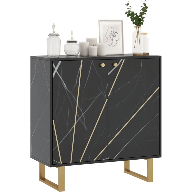 Buffet design - 2 portes, étagère - dim. 76L x 35l x 77H cm - métal doré aspect marbre noir