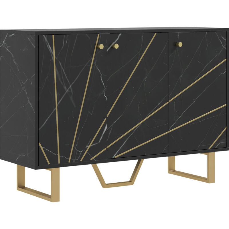 Buffet design - 3 portes, 2 étagères - métal doré aspect marbre noir