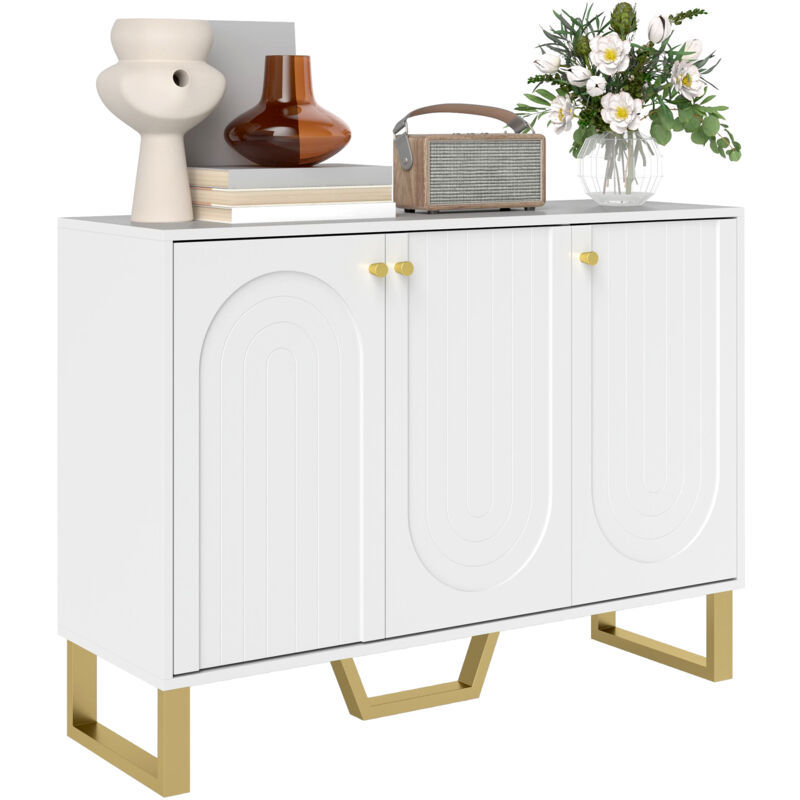 Buffet design 3 portes 2 étagères piètement poignées métal doré panneaux blanc