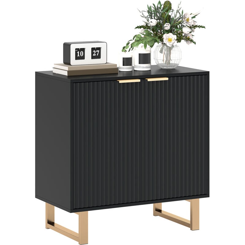 Buffet design contemporain 2 portes effet cannelé étagère piètement poignées métal doré mdf noir