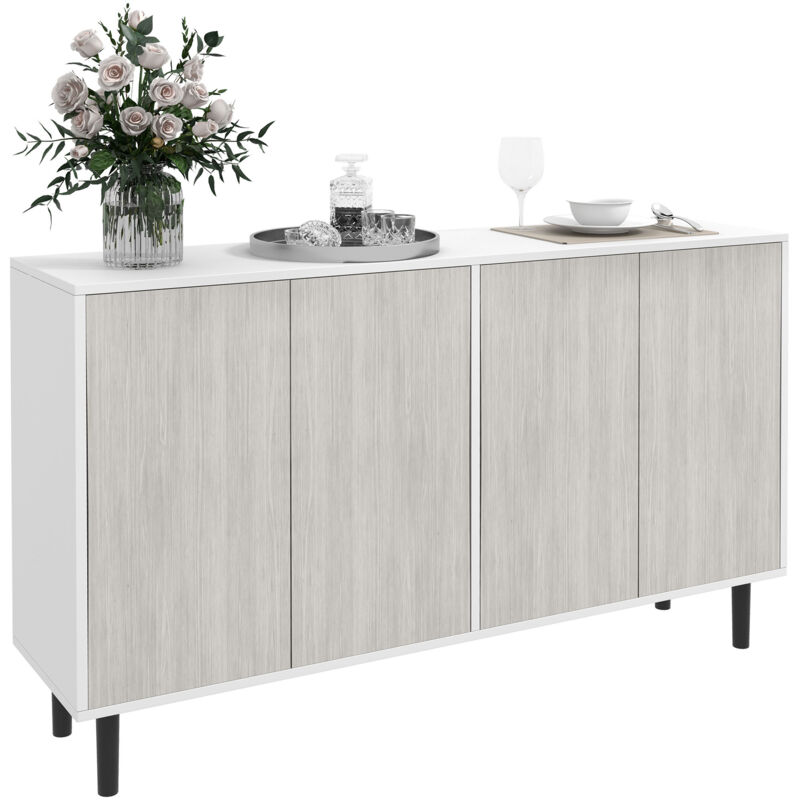 Buffet design contemporain - 4 portes, 2 étagères - dim. 121L x 37l x 75H cm - piètement effilé pin noir blanc aspect bois gris