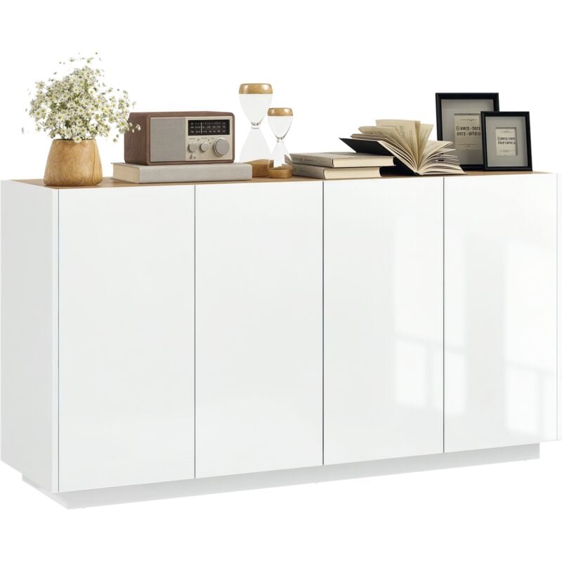 Homcom - Buffet design contemporain blanc laqué plateau aspect bois clair - dim. 140L x 40l x 75H cm - 4 portes, 2 étagères
