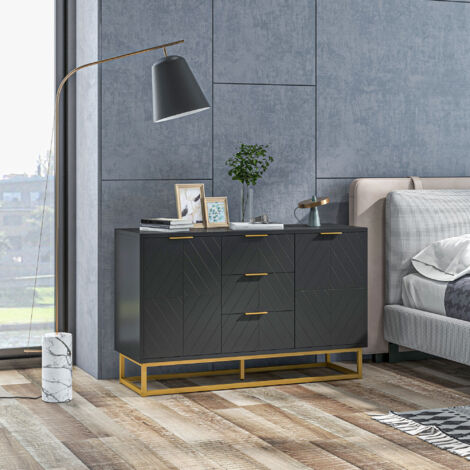 Buffet design contemporain graphique 2 placards porte étagères réglables 3 tiroirs coulissants en bois noir métal doré