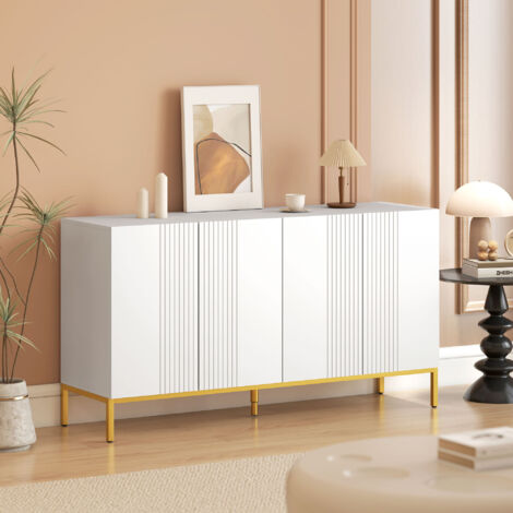 Buffet design contemporain graphique 2 placards porte étagères réglables en bois blanc métal doré