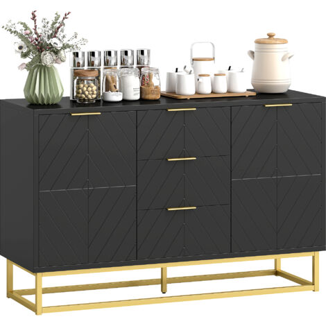 Buffet design contemporain noir et doré, 2 placards avec portes, étagères réglables, 3 tiroirs coulissants en bois, rangement moderne graphique, meuble décoratif élégant.