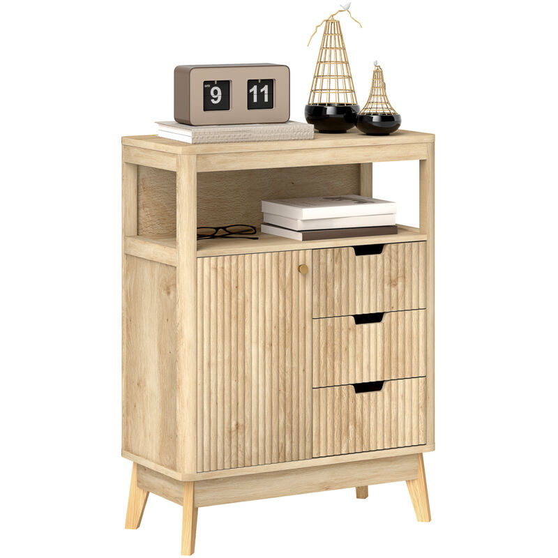 Buffet design effet bois naturel clair porte étagère 3 tiroirs niche plateau
