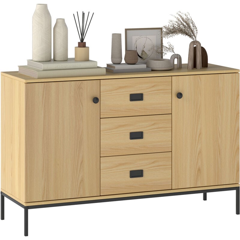 Buffet design industriel - 2 portes avec étagère, 3 tiroirs - piètement métal noir panneaux aspect bois clair