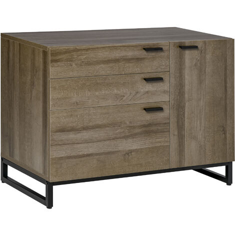 Buffet design industriel - meuble de rangement 3 tiroirs, placard - piètement acier noir panneaux particules aspect bois avec veinage - Marron