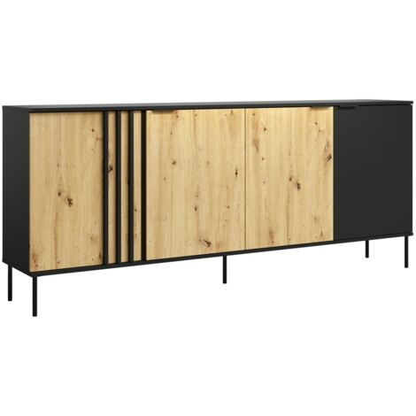 Buffet design IZO – 4 portes – Noir onyx & Chêne clair – 220x92x40 cm