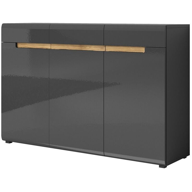 Meublorama - Commode design lucia, 3 portes et 3 tiroirs. Coloris gris brillant et chêne