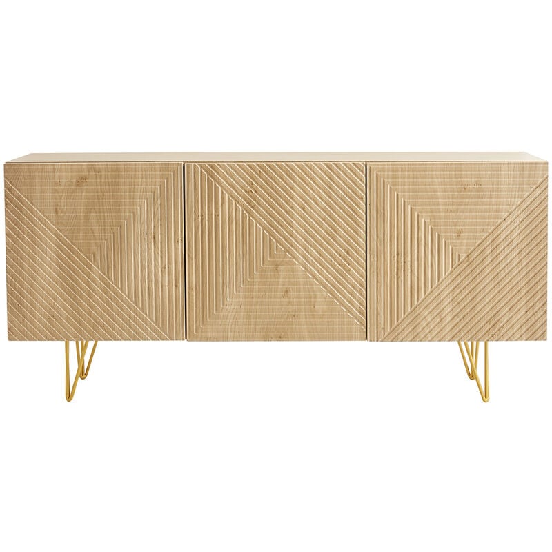 Buffet design gravé finition bois clair chêne et métal doré 3 portes L160 cm ozen