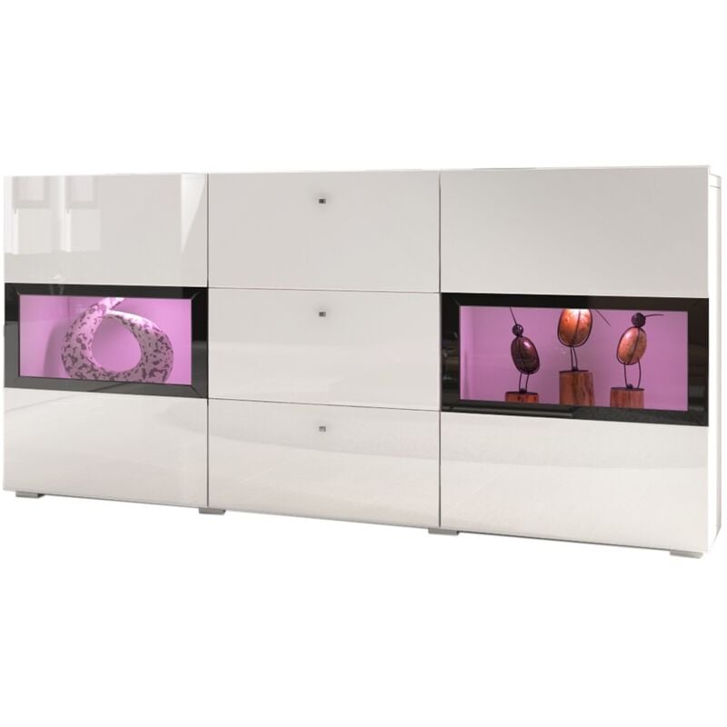 Meublorama - Buffet 2 portes et 3 tiroirs collection ramos. Éclairage led intégré. Coloris blanc brillant et noir