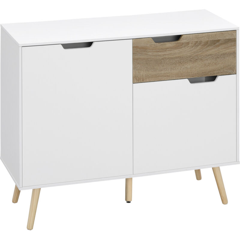 Homcom - Buffet design scandinave 2 placards tiroir coulissant pieds bois massif pin panneaux particules blanc aspect bois - dim. 98L x 39l x 81,5H cm