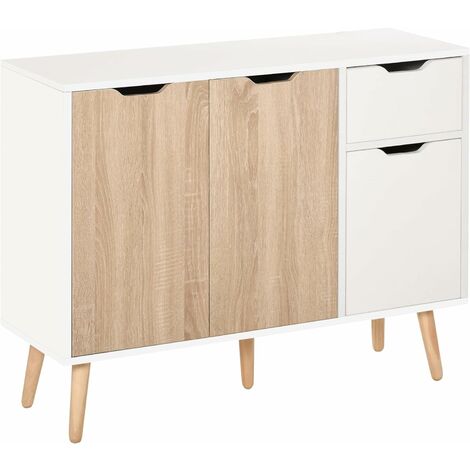 Buffet Design scandinave 2 placards tiroir Coulissant Pieds Bois Massif pin Panneaux Particules Blanc chêne Clair