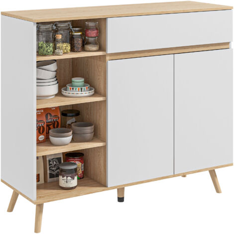 Buffet design scandinave 2 portes tiroir 4 niches bois blanc aspect chêne clair