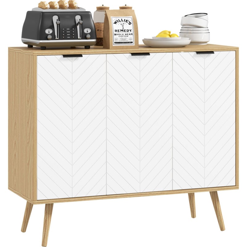 Homcom - Buffet design scandinave 3 portes 2 étagères piètement bois de pin panneaux portes motif chevrons blanc aspect bois clair
