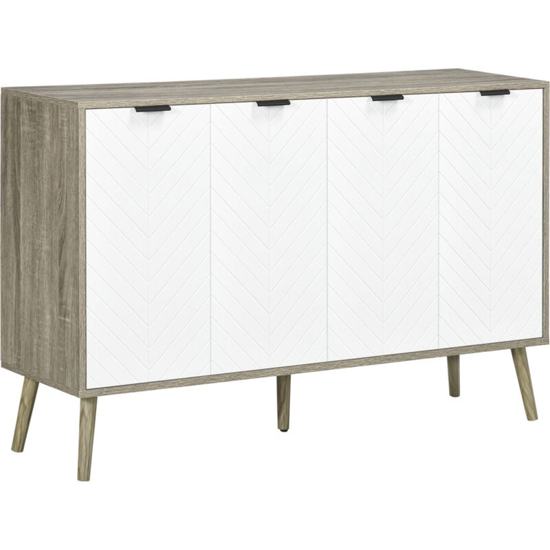Buffet design scandinave 4 portes 2 étagères piètement bois de pin panneaux portes motif chevrons blanc aspect bois gris