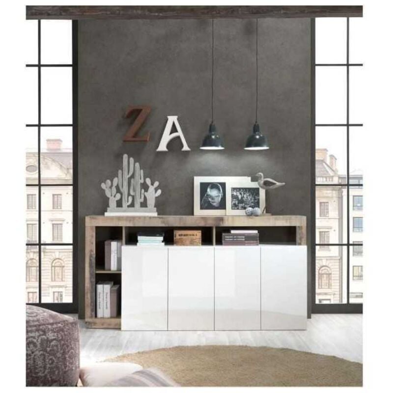 Buffet - Effet Bois Vintage et blanc Laque - Style contemporain - 4 portes - maestro - l 184 x p 42 x h 93 cm