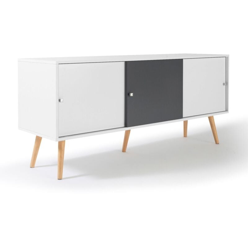 Buffet bas scandinave 135 cm effie 3 portes bois blanc et gris