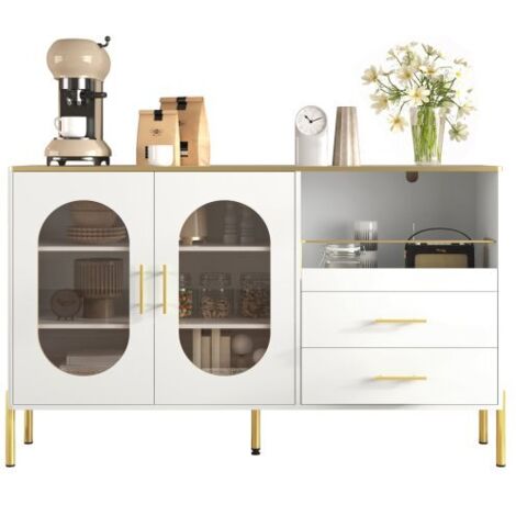 Buffet élégant blanc 2 tiroirs, 2 portes vitrées, accents dorés, grand rangement – salon, salle à manger, couloir