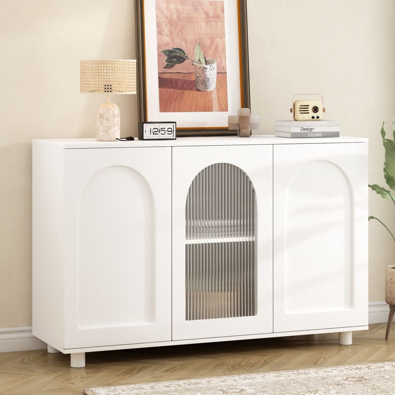 Buffet blanc avec porte vitrée et design à rebond pour cuisine, salon et salle à manger, 120x40x79 cm