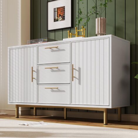 Buffet élégante armoire de Commode en Bois avec 2 portes, 3 tiroirs et Étagères Réglables, 120x40x75 cm, Blanc
