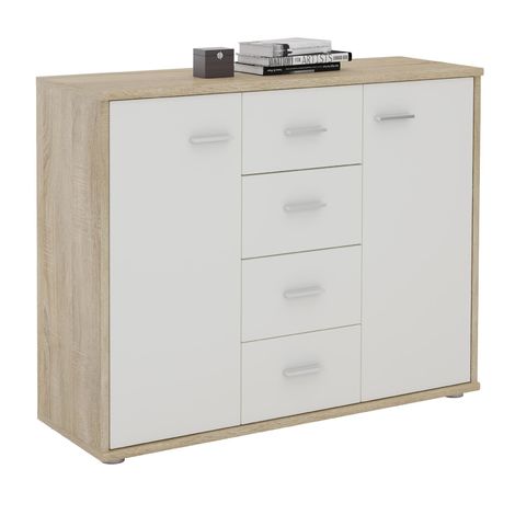 Buffet ELODIE, commode meuble de rangement avec 4 tiroirs et 2 portes, en mélaminé décor chêne sonoma et blanc mat - Chêne Sonoma/Blanc