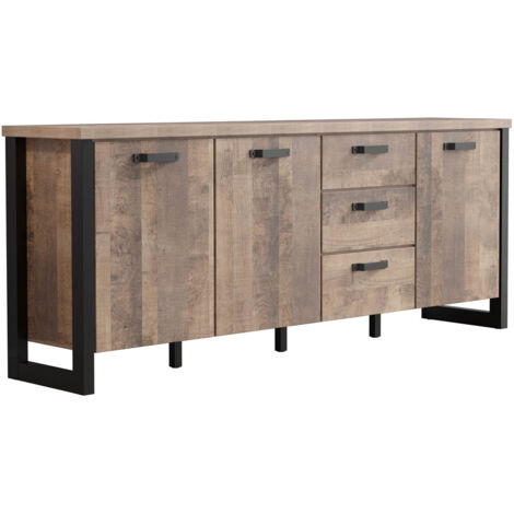 Buffet Emile en mélamine chêne tabac et noir mat – Dimensions 214 x 45 x 86 cm – 3 portes et 3 tiroirs avec coulisses métal – Trendteam