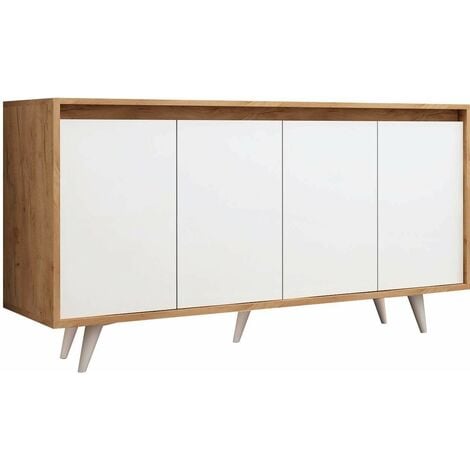 HANAH HOME Buffet haut 4 portes Ophixis 140cm Bois Blanc et Chêne