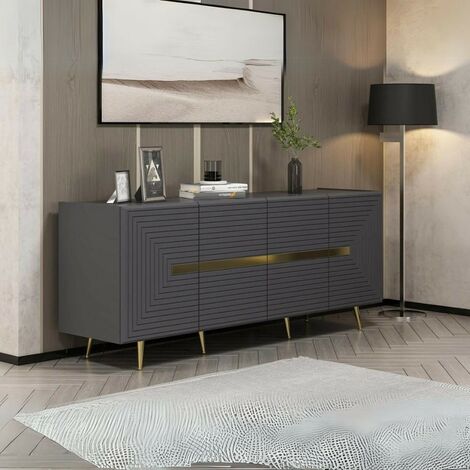 TOSCOHOME Buffet en bois 180 cm avec 4 portes couleur anthracite et détails dorés - Jose