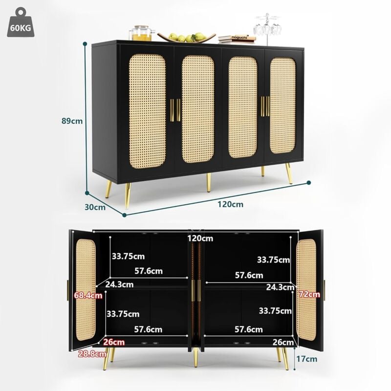 Buffet en Bois avec 4 Compartiments de Rangement,Porte en rotin PE,Armoire de Rangement avec Portes Blister,Buffet Bas,Buffet Noir,120x30x89cm