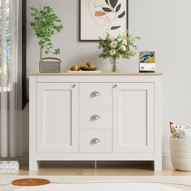 Buffet en bois blanc chaud avec 2 portes et 3 tiroirs – Avec poignées argentées, étagère réglable et charnières à fermeture douce – 116 cm de long x