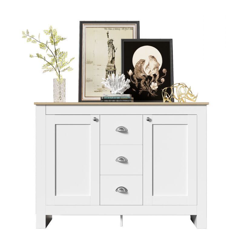 Redom - Buffet en bois blanc chaud avec 2 portes et 3 tiroirs – Avec poignées argentées, étagère réglable et charnières à fermeture douce – 116 cm de