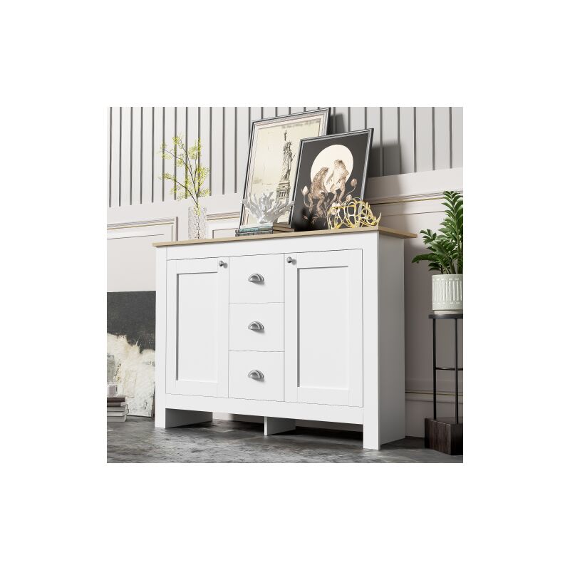 Buffet en bois blanc chaud avec 2 portes et 3 tiroirs - avec poignées argentées, étagères réglables et charnières à fermeture douce - l 116 cm x L 35