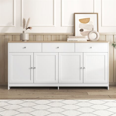 FORTUNA LAI Buffet en bois blanc veiné 160 L x 37 B x 75H - Buffet avec 4 portes et 3 tiroirs pour salon, salle à manger - Couleur blanc