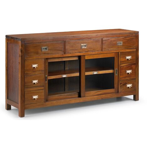 Buffet en bois d'acajou massif FALKANE 150cm - 2 portes vitrées et 9 tiroirs