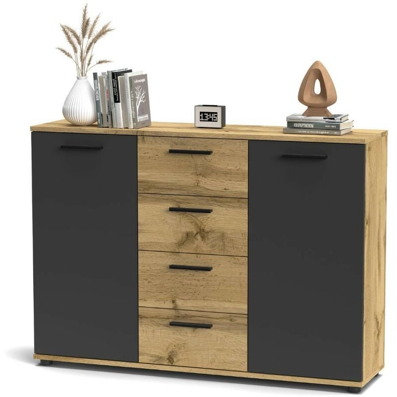 Toscohome - Buffet en bois avec portes et tiroirs en chêne et anthracite 120 cm - Berno