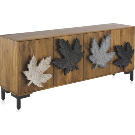 Buffet en bois de manguier naturel portes sculptées feuilles - Bois naturel et feuilles noires grises blanches