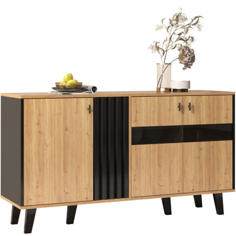 Buffet en bois et verre noir 140x78,5x41 cm, rangement avec éclairage LED, design assorti, armoire polyvalente