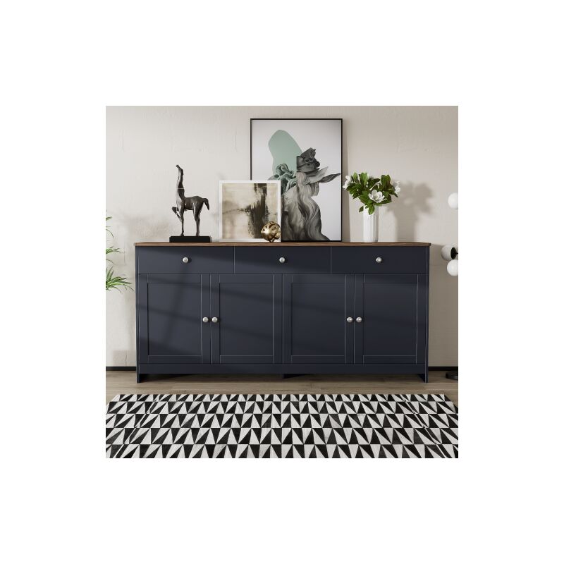 Buffet en bois grainé gris - noir, quatre portes, trois tiroirs, salon, salle à manger. Couleur bois et gris - noir