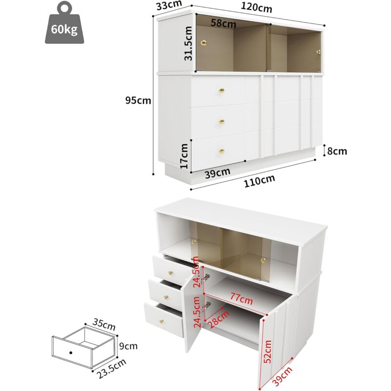 Buffet en Bois Moderne avec Portes vitrées, Buffet Salle a Manger avec 2 Portes et 3 tiroirs,Buffet Cuisine 2 Compartiments de Rangement,Armoire de