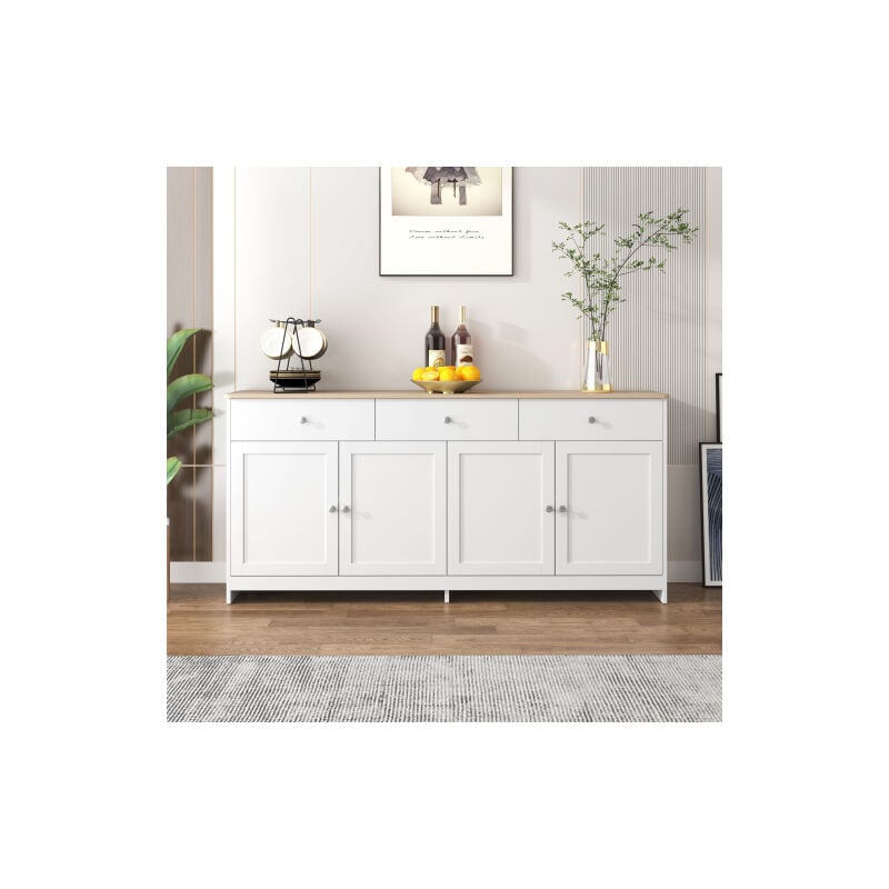 Buffet en bois, quatre portes, avec trois tiroirs, pour salon et salle à manger - blanc