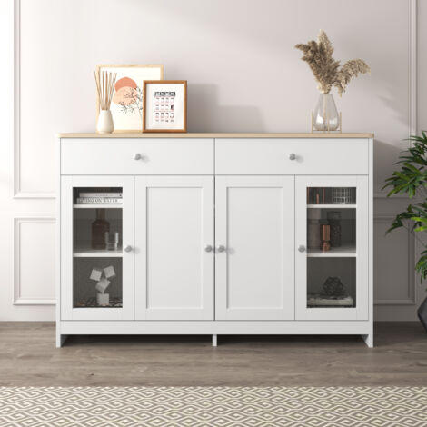 Buffet en bois, quatre portes, trois tiroirs, salon, salle à manger, blanc (120 x 37 x 80 cm)