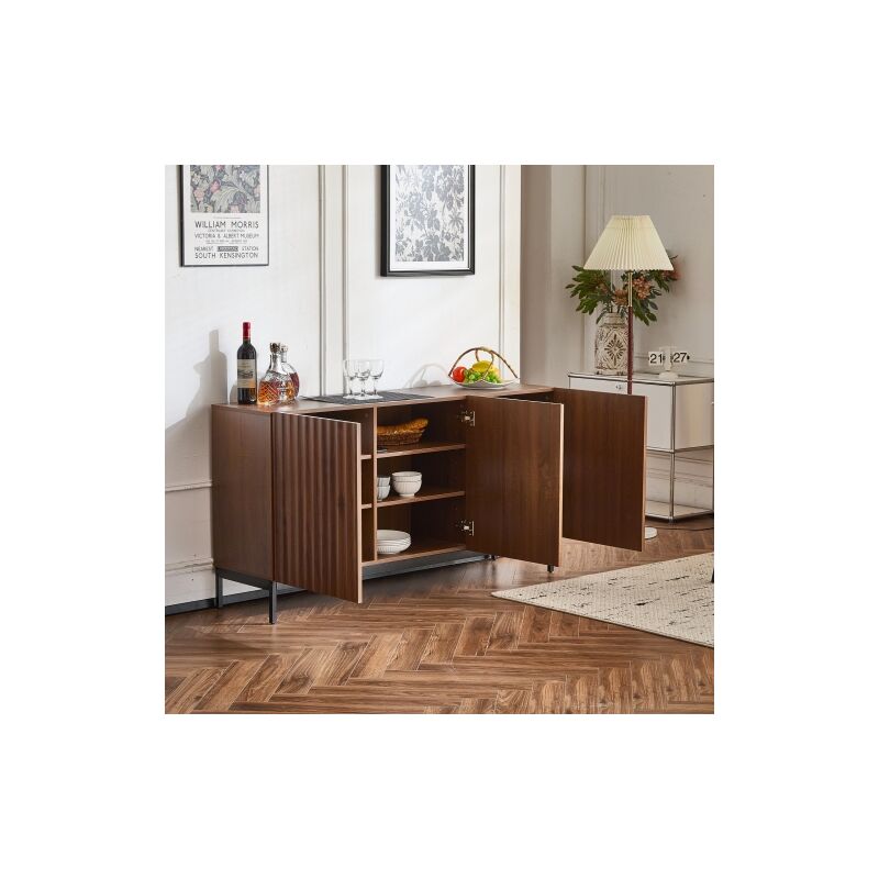 Buffet en chêne foncé veiné, décoratif moderne du milieu du siècle, 3 portes, design ondulé 3D, étagères réglables pour salon, salle à manger, bureau