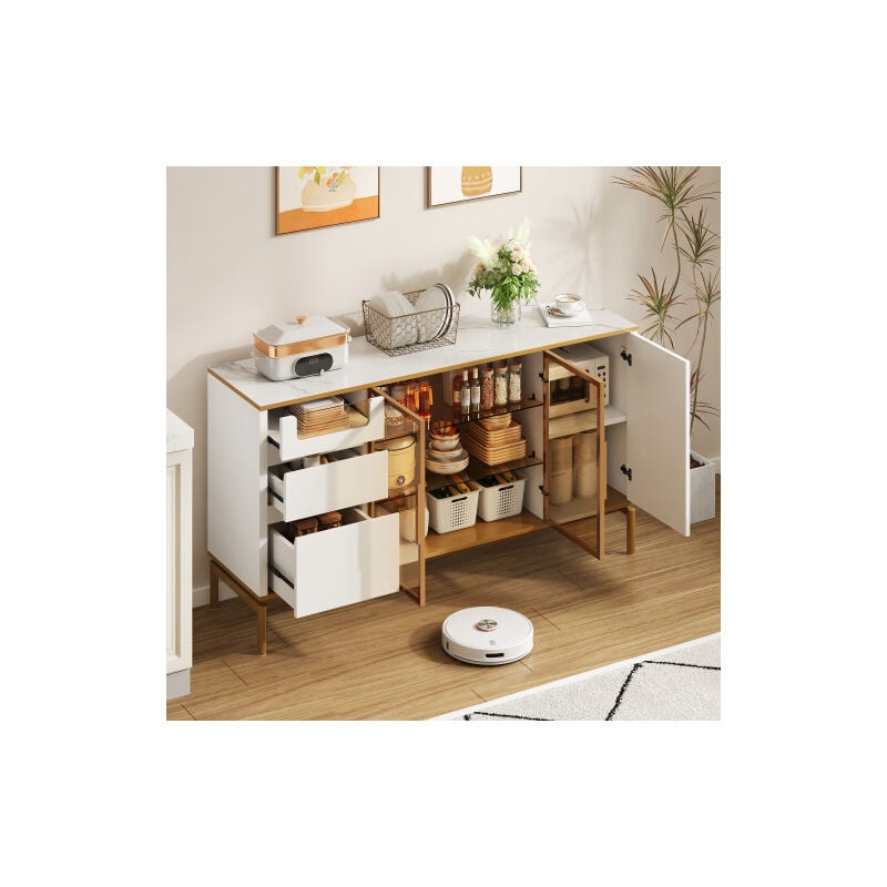 Buffet blanc, buffet 150 cm avec compartiments en verre et bois. finitions dorées