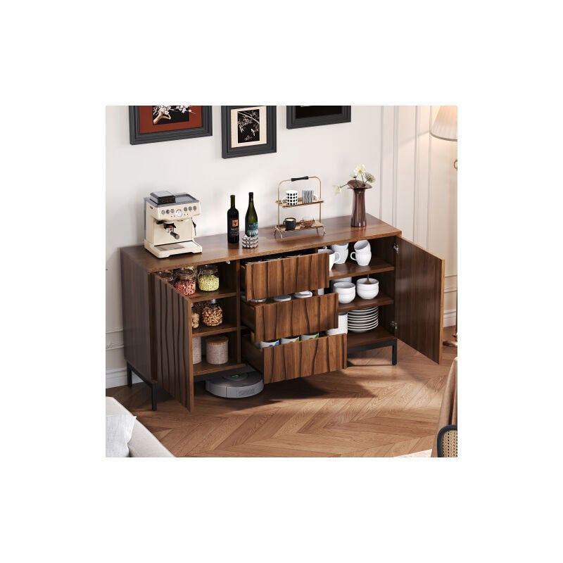 Buffet 150 cm avec 3 tiroirs, buffet décoratif moderne du milieu du siècle pour cuisine, salon, entrée, couloir. chêne foncé