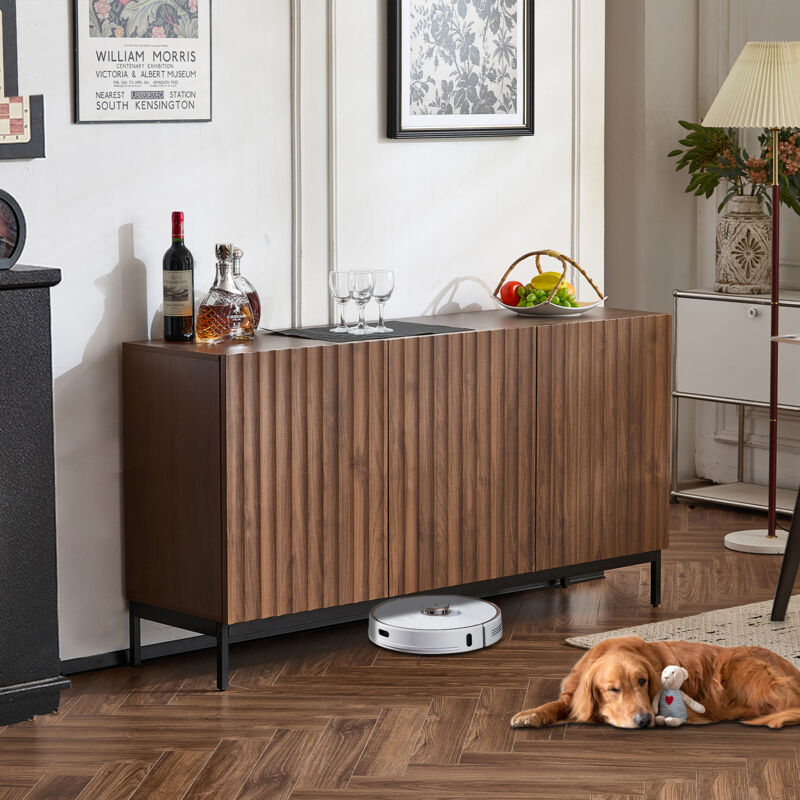 Buffet en chêne grainé foncé 150x40x80cm, armoire décorative moderne du milieu du siècle, 3 portes, design 3D ondulé, étagères réglables, protection