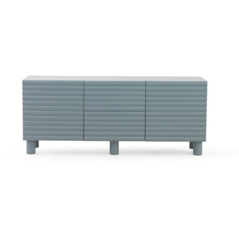 Buffet en MDF bleu tourterelle, relief ondulé sur les portes et les tiroirs, pieds en bois massif.